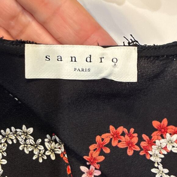Sandro Black 100% Silk Floral Heart Print Midi Dress Small - Picture 7 of 14